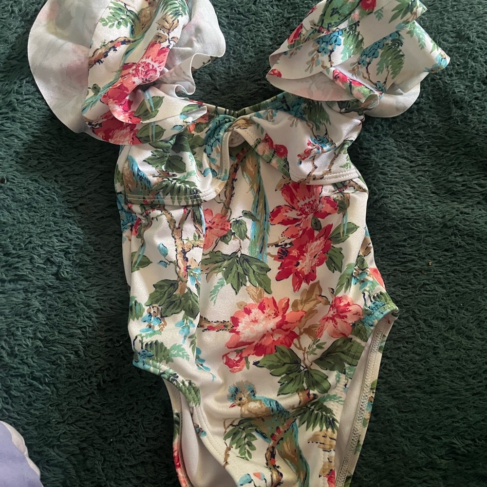 Floral One-Piece Swimsuit with Ruffle Shoulders
